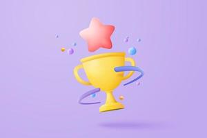 Ganadores 3d mínimos con copa dorada, estrellas ganadoras de oro con objetos flotando sobre fondo dorado. concepto de ceremonia de entrega de premios con estilo de dibujos animados. 3d vector render aislado sobre fondo amarillo pastel