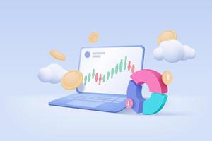 3D online trading with laptop on blue sky cloud background. Notebook using funding business graph on computer with money coin concept. 3d vector trading for business investment render illustration