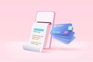 3d paga dinero con el concepto de pagos en línea de banca móvil. factura en transacción de teléfono inteligente con tarjeta de crédito. móvil con papel financiero en segundo plano. ilustración de icono de vector de pago de factura 3d