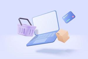 Compras 3d en línea con computadora portátil, embalaje de envío de productos, bolsa de compras o cesta. protección de tarjetas de crédito con contraseña segura para el concepto de pago en línea. icono de cuaderno 3d vector render ilustración