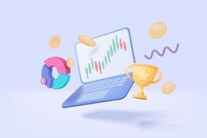 3D online trading with laptop on blue background. Notebook using funding business graph on computer with money coin and gold cup concept. 3d vector trading for business investment render illustration