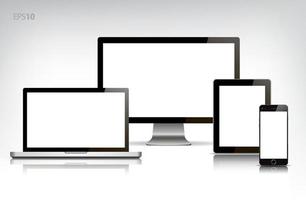 Vector mock up. Set of blank screens. Computer, tablet, phone on transparent background. Isolated. Realistic illustration