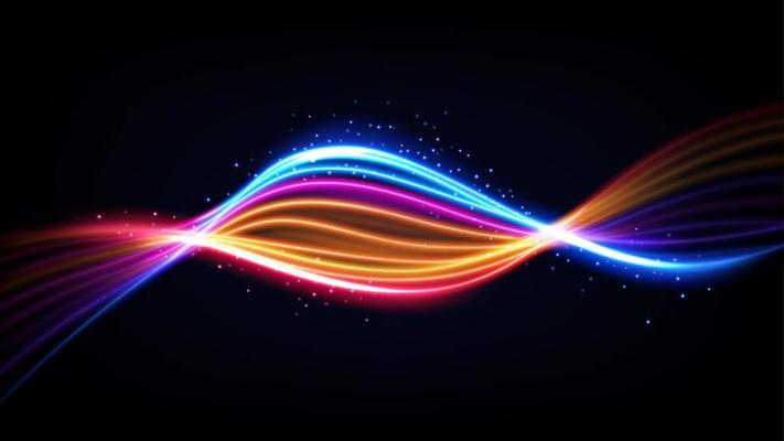 Abstract Multicolor Wavy Line of Light, isolated on Dark Background. Vector Illustration