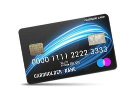 Detailed glossy platinum credit card with wavy neon light decoration, isolated on white background. Vector Illustration