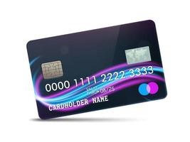 Detailed glossy platinum credit card with wavy neon light decoration, isolated on white background. Vector Illustration