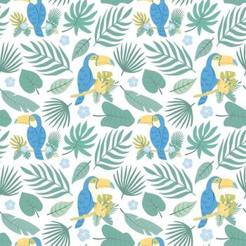patrón sin costuras de verano de hojas tropicales con un tucán azul, una rama de palma en una paleta verde-amarilla sobre un fondo blanco. para el diseño de productos, textil, envoltura, fondo. vector