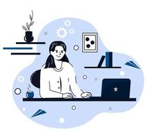 girl in headphones sits and looks at the computer. Vector stock illustration. Blue tones. Flat style. Character. Technology. Online webinar and training
