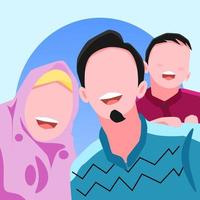 illustration of a smiling Muslim family. illustration of a Muslim family consisting of a father, mother and son. vector