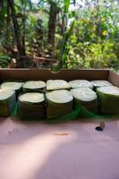 sweet snacks from sticky rice with durian topping. Indonesian traditional food. photo