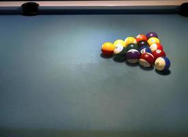 Close up of pool billiards balls on  pool table with setup position and copy space. photo