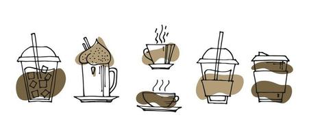 set of hand drawn coffee doodles drinks, desserts, beans and other related objects. Vector sketch illustration background