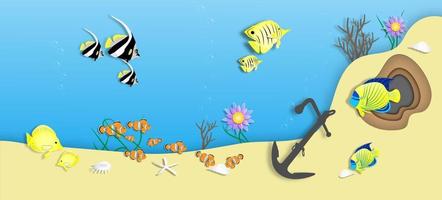 World Oceans Day with beautiful sea fish of paper art style ,vector or illustration with oceans and protect conservation concept vector