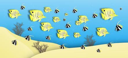 beautiful sea fish of paper art style ,vector or illustration with oceans and protect conservation concept vector