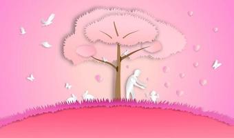 Happy father's Day with pink tree and heart-shaped and toddler of paper art style holiday design ,vector or illustration vector