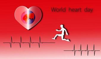 World heart day with heart and pulse and people jumping on red white background of paper art style ,vector or illustration with health love concept vector