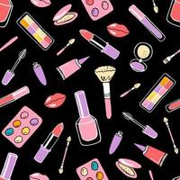 Hand drawing cosmetics on black background seamless pattern. Lipstick, mascara, eyeshadow. Design of fabric, packaging. Vector stock illustration.