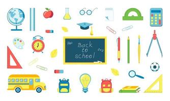 School supplies stationery set isolated on white background. Vector stock illustration.