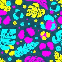 hojas tropicales y manchas de leopardo en colores brillantes de ácido neón dibujo abstracto a mano de patrones sin fisuras. diseño de textiles, papeles pintados, telas y embalajes. ilustración de stock vectorial. vector