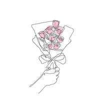 continuous line drawing hand holding hand carrying a bouquet of flowers illustration vector