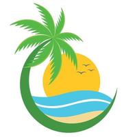 Tropical island illustration with palm tree and sun vector