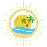 Tropical island illustration with palm tree and sun vector