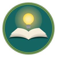Open book with light bulb on green background. vector