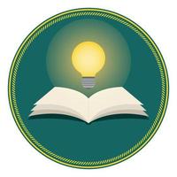 Open book with light bulb on green background. vector