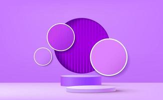 Modern purple cylinder pedestal podium in shadow. Abstract minimal wall scene. Geometric backdrop with vertical line texture. Vector rendering 3d shape product display presentation.