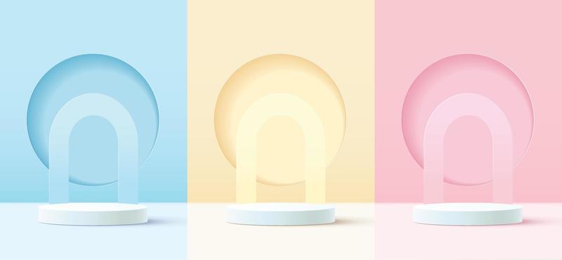 Set of abstract 3D background with realistic blue, yellow, pink, cylinder pedestal podium. circle backdrop. Minimal scene mock up product, stage showcase, promotion display. vector geometric forms.