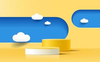 Modern yellow cylinder pedestal podium in shadow. Abstract minimal wall scene. Geometric backdrop with cloud. Vector rendering 3d shape product display presentation.