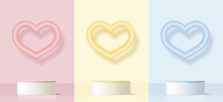 conjunto de podio de pedestal de cilindro rosa, amarillo, azul y 3d con fondo en forma de corazón. escena mínima abstracta para exhibición de productos, exhibición de promoción. escenario redondo. formas geométricas vectoriales. vector