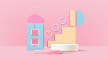 3D cylinder stand podium with geometric shapes layers scene background. Abstract minimal wall scene for product stage showcase, promotion display. Vector pastel geometric forms.