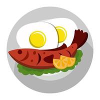 a plate of fried fish and fried eggs complete with vegetables and lemon vector