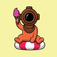 Cute Diver Holding Ice Cream On Tires Cartoon Vector Icon Illustration. Science Nature Flat Cartoon Concept