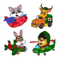 cartoon set of illustrations of animals and military vehicles, raccoon, bunny, lion, and deer, tanks, armored vehicles, great for children's book illustrations, stickers, stationery, websites vector