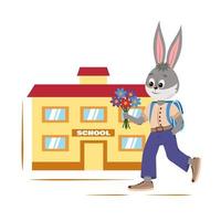 Vector illustration of a rabbit going to school with a bouquet of flowers. Use for illustrations, pictures, posters, flyers, websites, t-shirts.