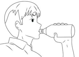 The guy drinks water from a bottle. Vector black and white line illustration.