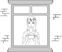 The girl looks out the window. Black and white lines. vector