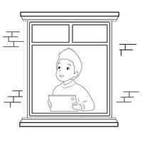 el tipo mira por la ventana. líneas en blanco y negro. vector