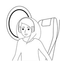 Black and white people travel by plane. Seats and porthole, joy and relaxation. Vector illustration.