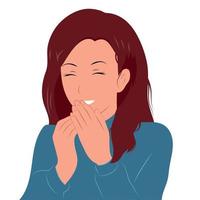 The young girl laughs, covering her mouth with her hands. Vector flat.