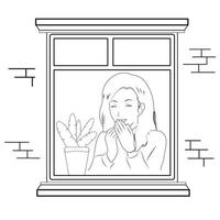 The girl looks out the window. Black and white lines. vector