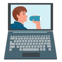 videollamada en la computadora portátil. el tipo está bebiendo agua. en blanco y negro vector