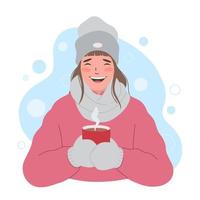 Happy girl is holding a glass of coffee in her hands. She drinks coffee in the cold season vector