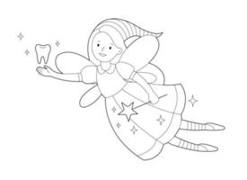 Smiling tooth fairy with magic wand and tooth. Contour linear illustration vector