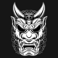 Dark Art Japanese Devil Oni Mask Tattoo Hand Drawn Hatching Style vector