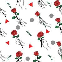 Women Hand Holding Red Rose Flower Gesture Flat Line Art With Abstract Green and Red Object Illustration White. vector