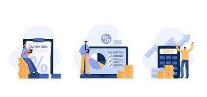 Doing taxes accounting and annual financial paperwork.  Male and female characters and documents, laptop, calculator. Vector illustration