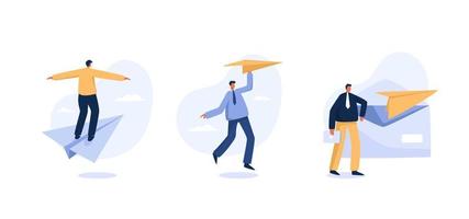 Leader vision. achieving a goal, the path to success is motivation, career advancement, search for ideas. Business man and paper plane.  flat character. vector