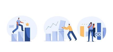 gráficos de negocios y base de datos de investigación. el crecimiento del negocio. predicción de beneficios de la empresa financiera concepto de persona diminuta. negocio. grupo de caracteres de personas y fondo de gráfico de barras. vector